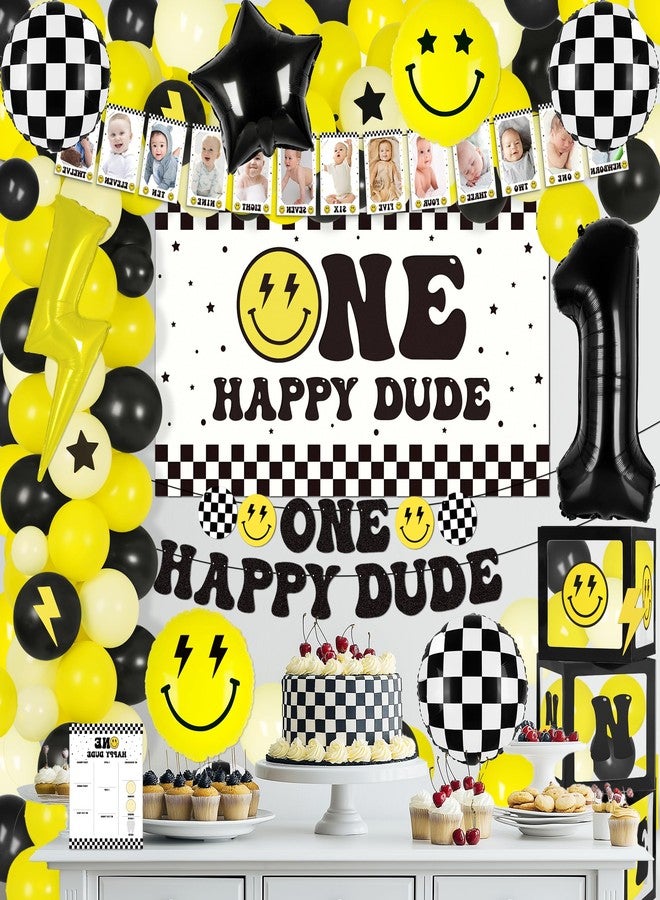 Kriyokiaa One Happy Dude 1st Birthday Decorations for Boy Smile Face Balloons Arch High Chair Banner Backdrop Birthday Party Supplies Backdrops - Image 5